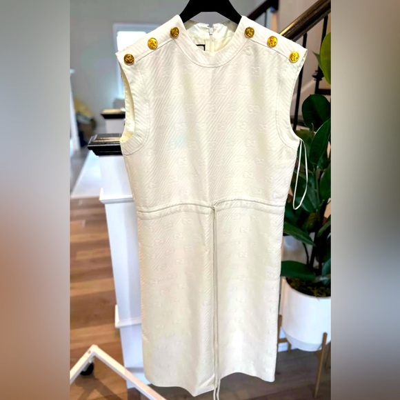 New Authentic Gucci GG Stripe Midi-Dress Ivory Gold Wool Silk Size 38 XS US 2 - Picture 4 of 13